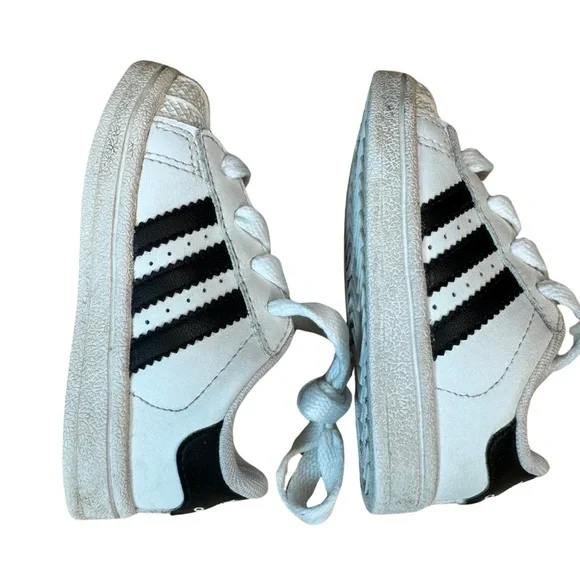 ADIDAS Baby Toddler 4K Superstar 3 Stripe Leather Sneakers White With Navy Blue - Picture 9 of 15